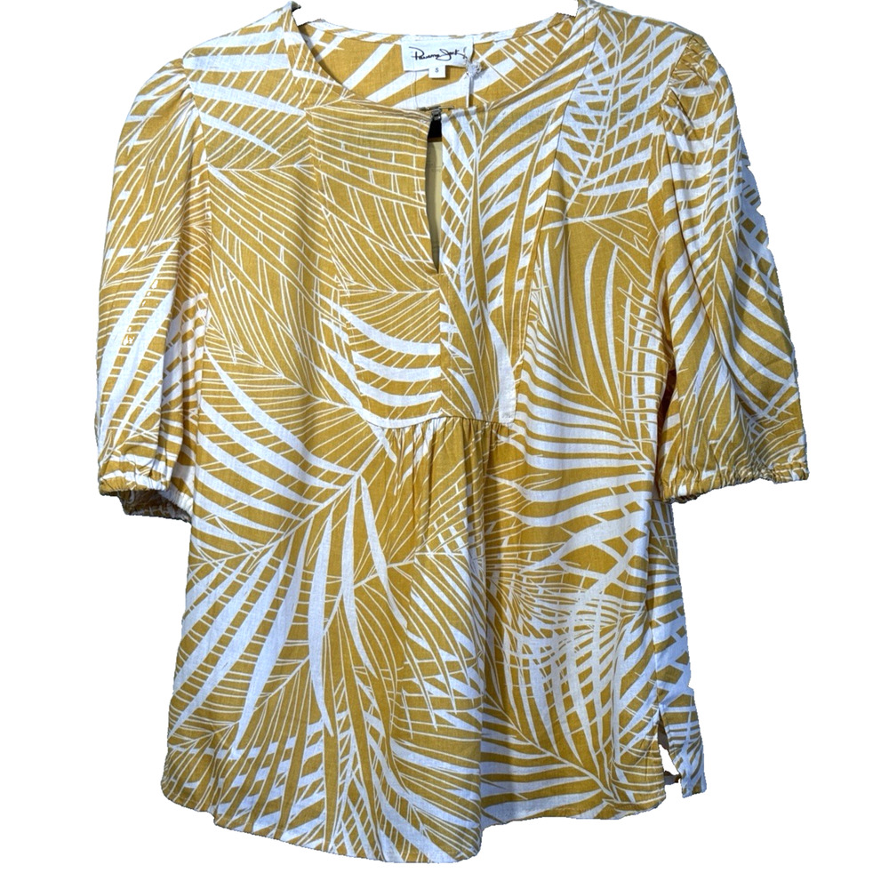 Panama Jack Womens Small Yellow Palm Tropical Short Sleeve Keyhole Neck Top NWT